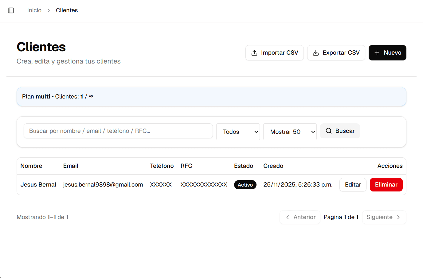 Pantalla de clientes de Orbita POS