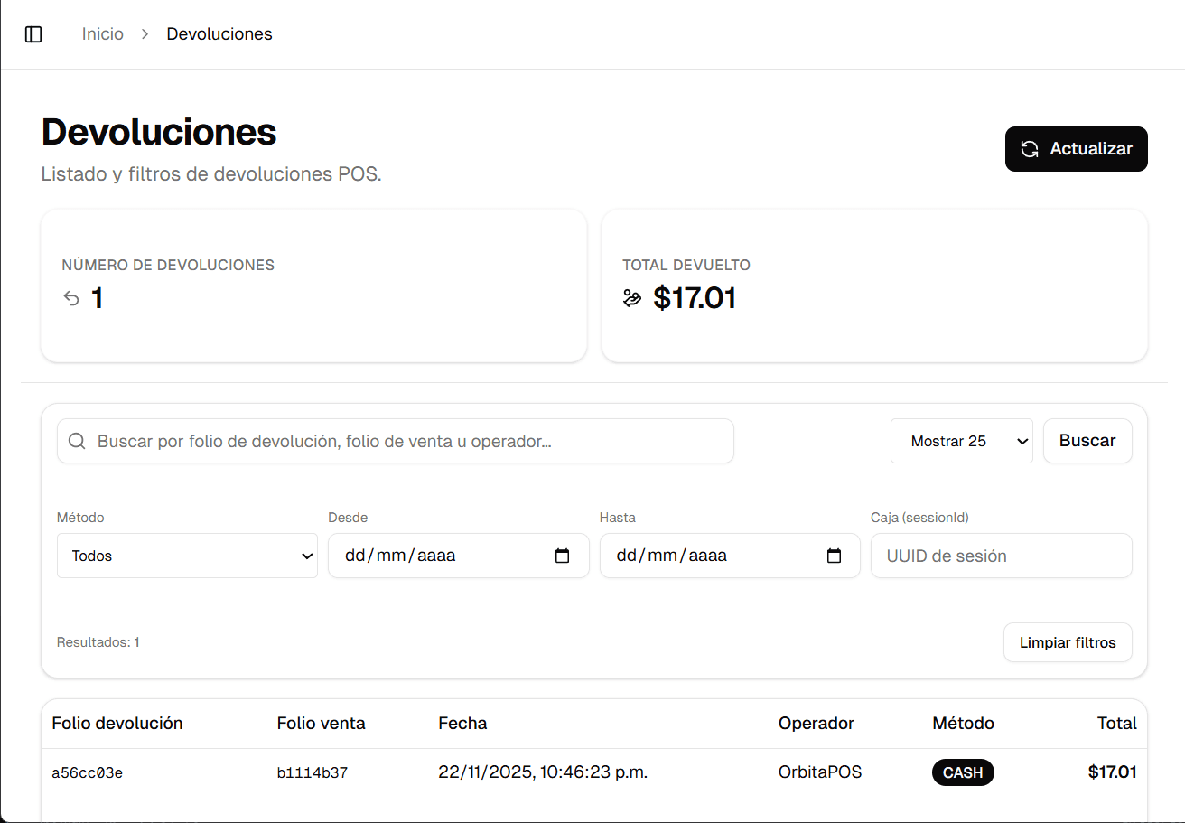 Listado de devoluciones en Orbita POS
