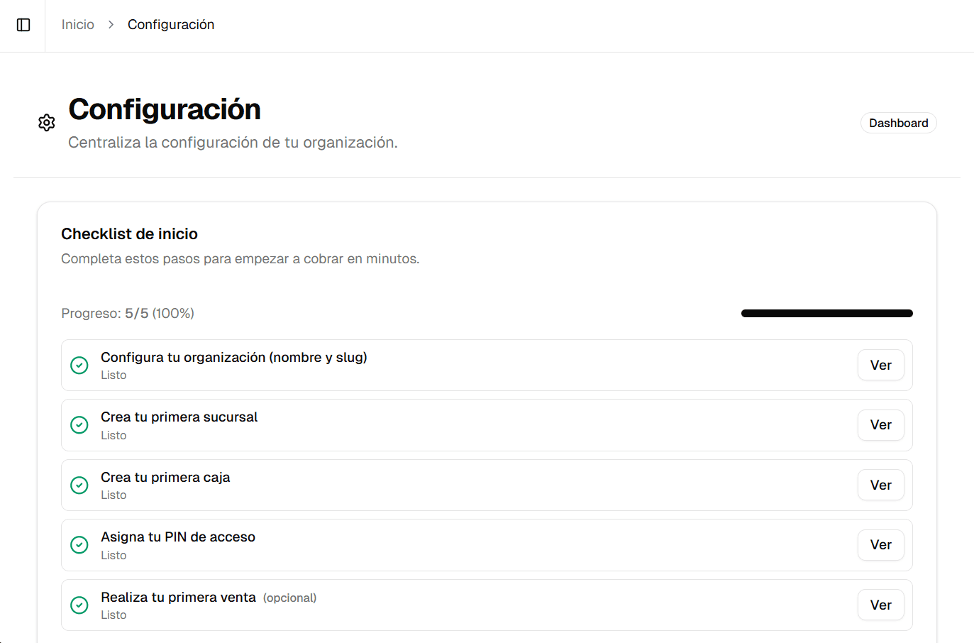 Panel de configuración de Orbita POS